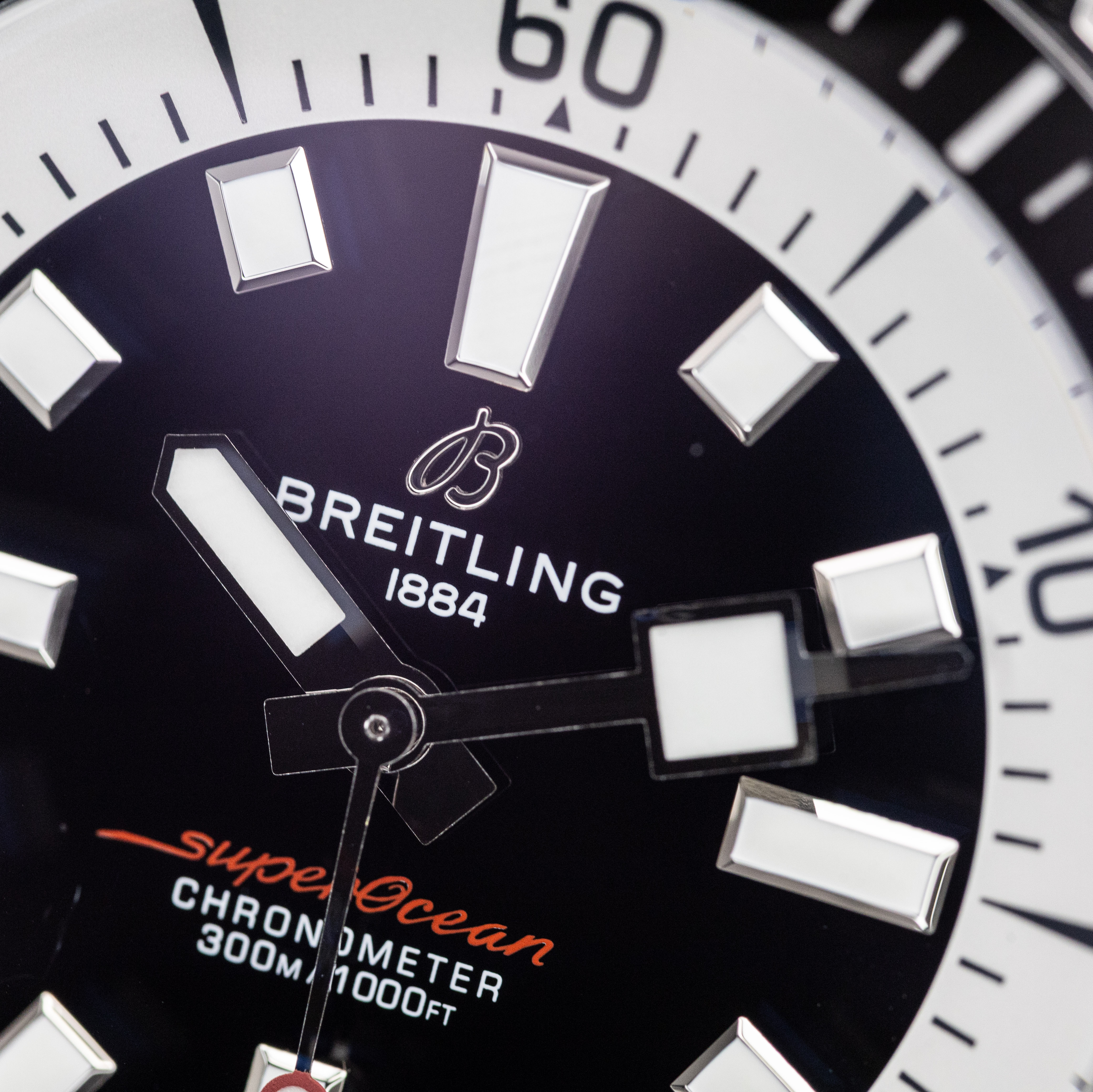 Breitling Superocean 44 macro dial shot showing applied indices and Superocean text