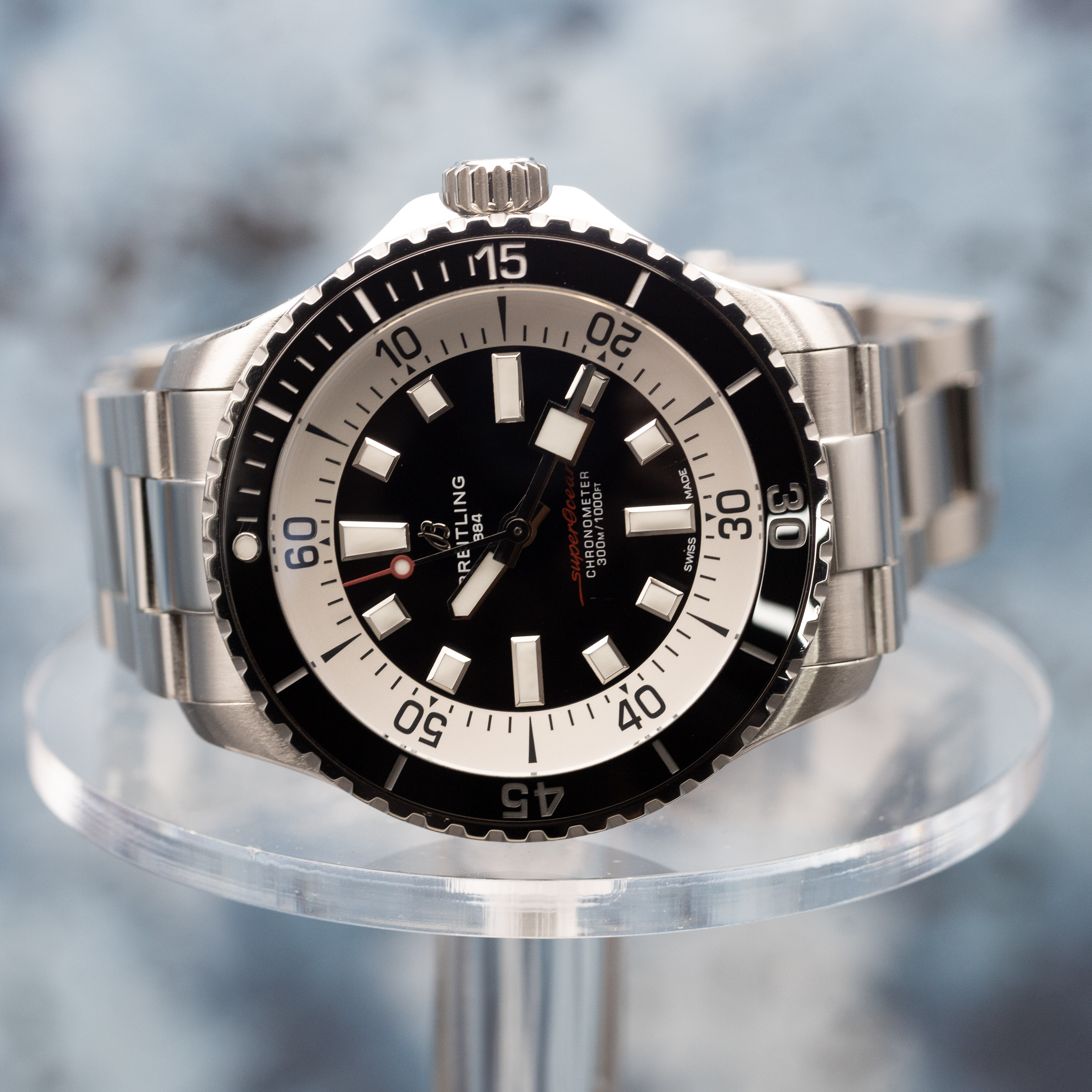 Breitling Superocean Automatic 44 black dial on display stand