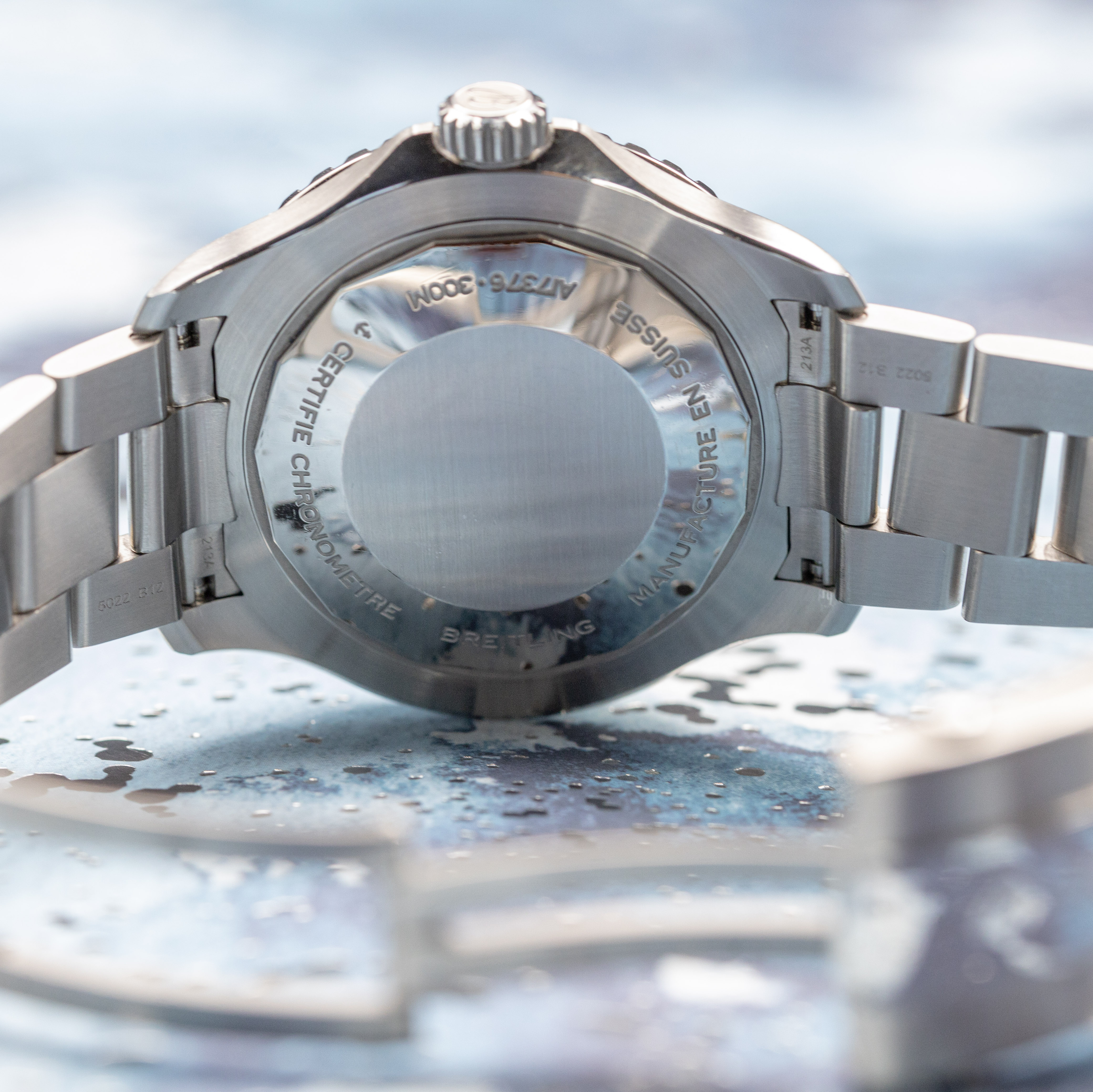 Breitling Superocean 44 caseback showing COSC chronometer engraving