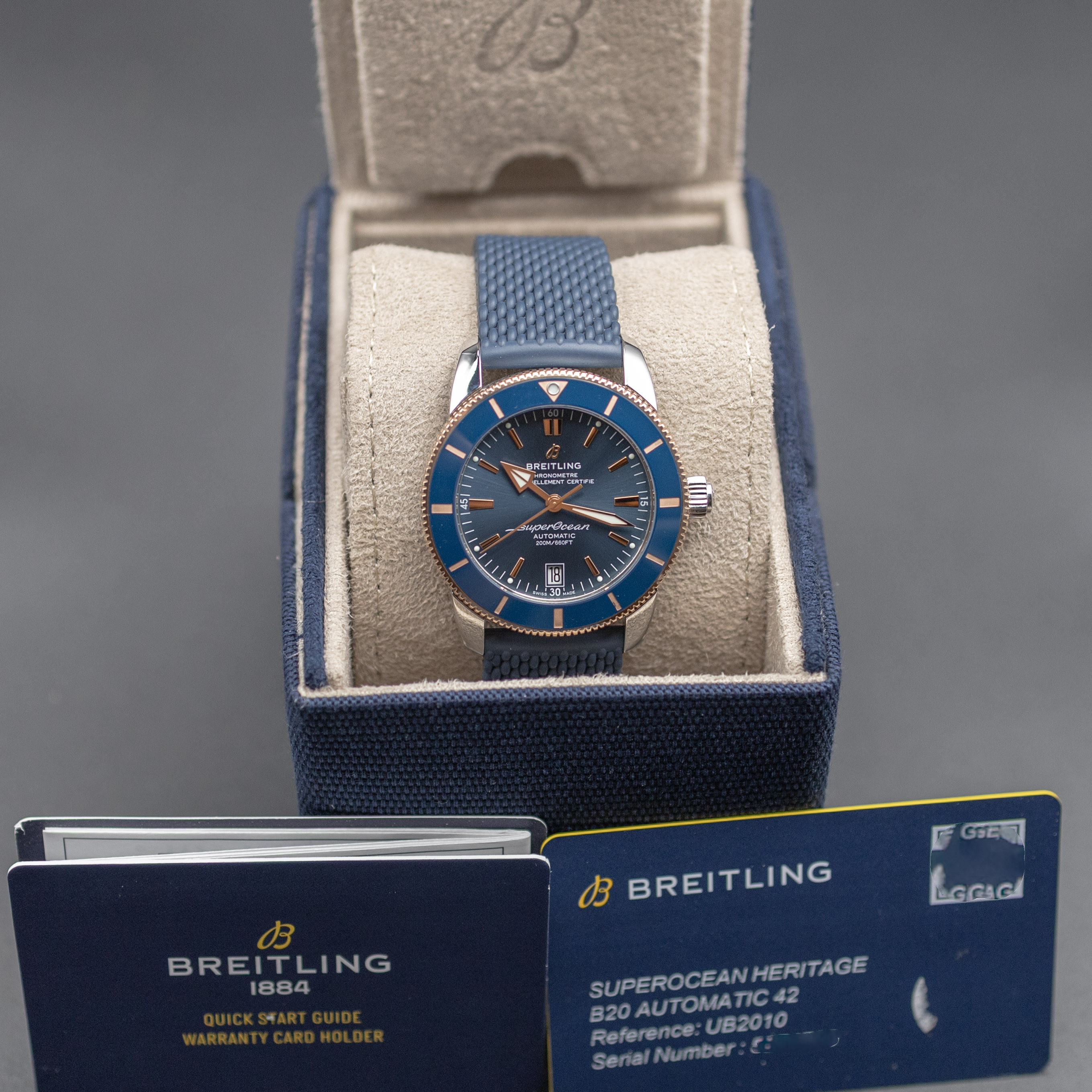 Breitling Superocean Heritage II B20 blue dial with red gold bezel front view