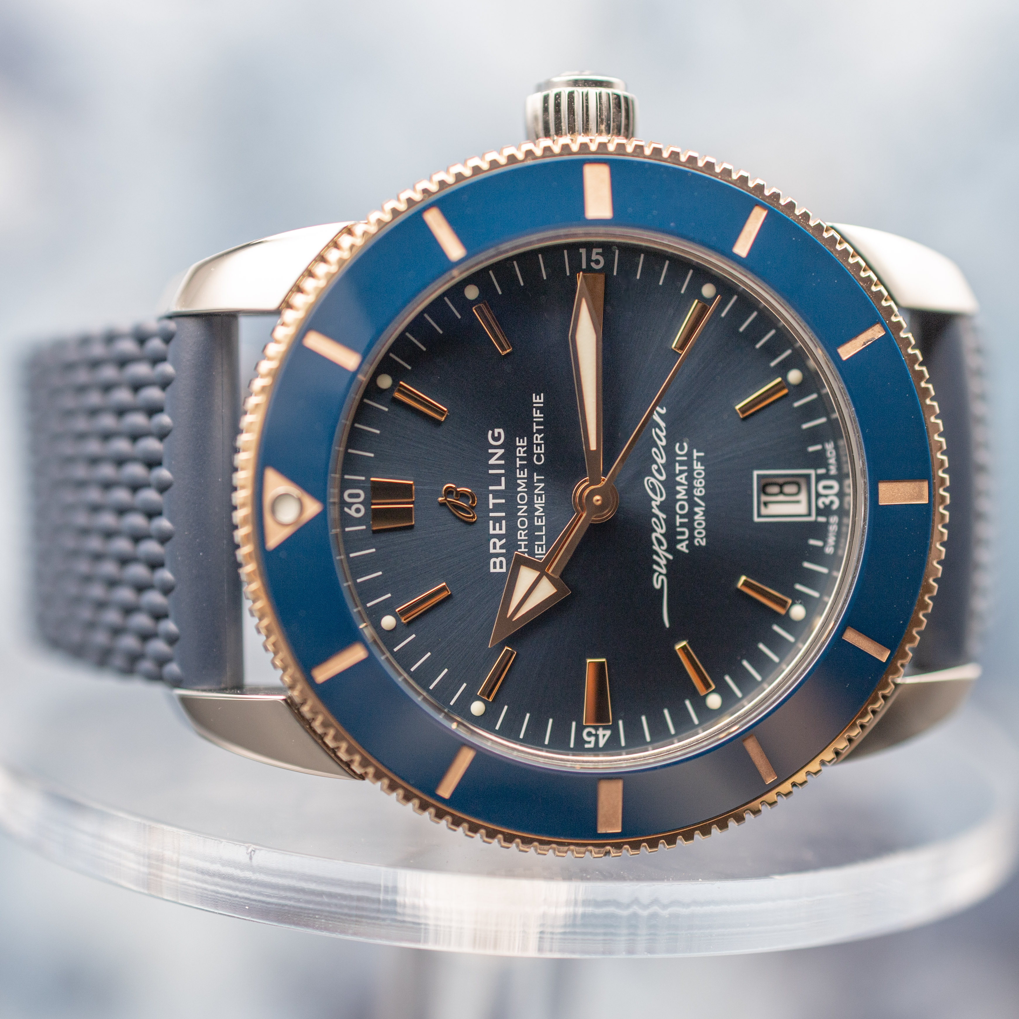 Breitling Superocean Heritage II B20 case detail showing polished steel finish