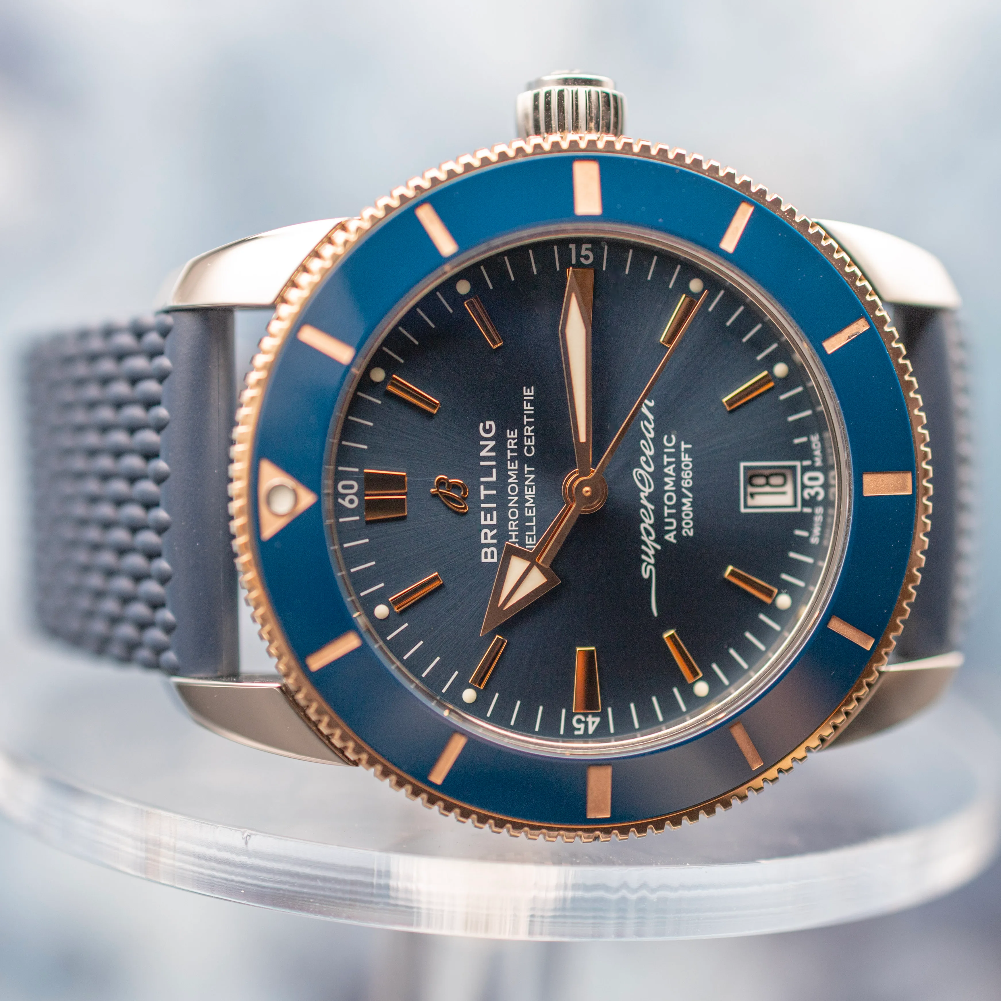 Breitling Superocean Heritage II B20 case detail showing polished steel finish