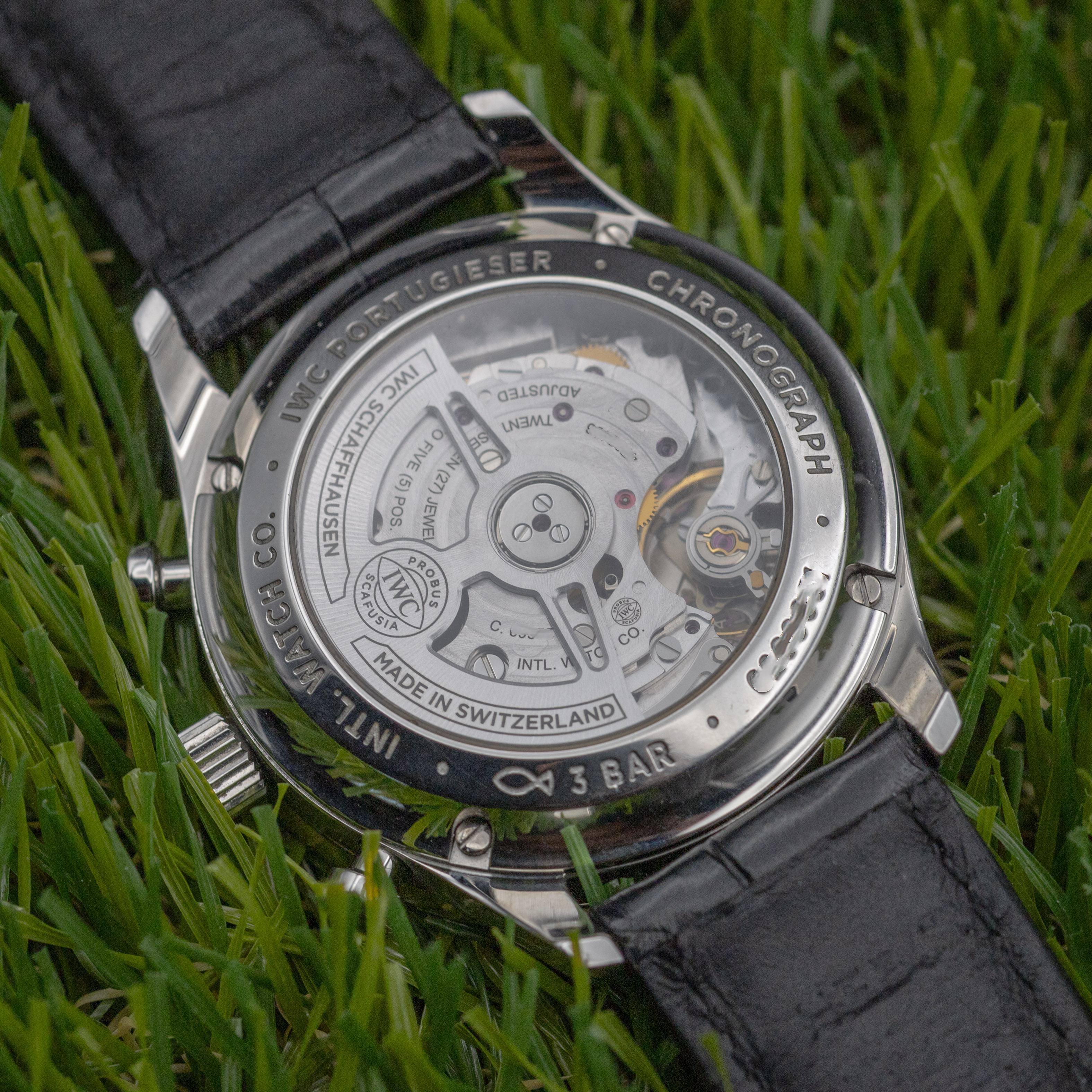 IWC Portugieser Chronograph exhibition case back layered movement view