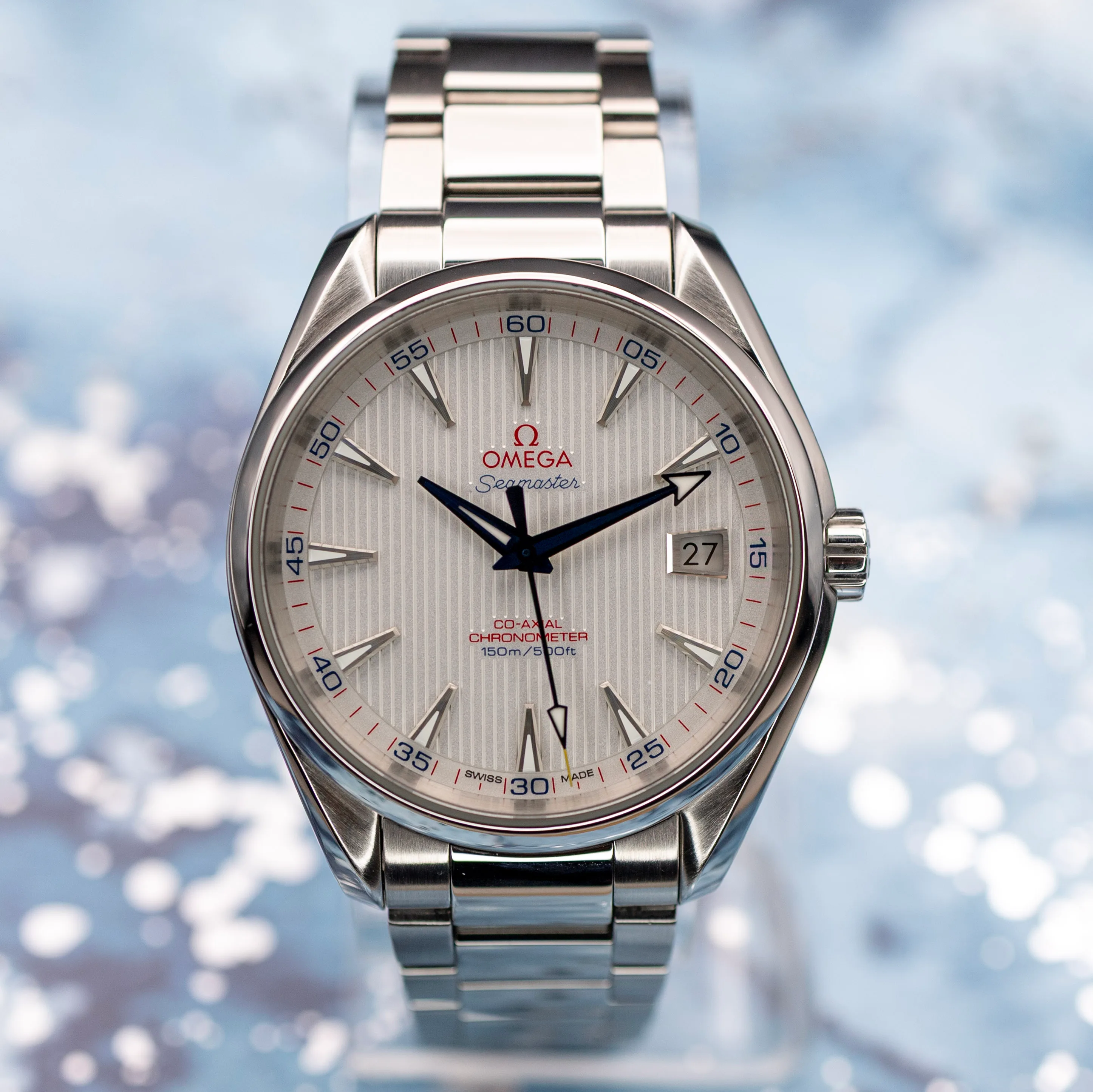 Omega Seamaster Aqua Terra Captain's Watch silver teak dial front view