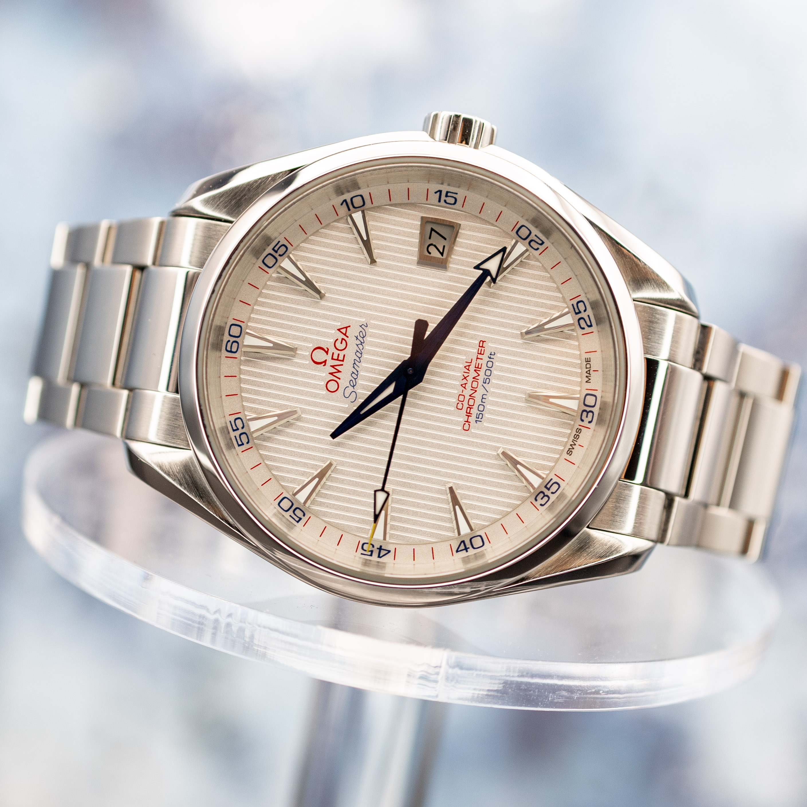 Omega Aqua Terra Captain's Watch dial detail showing teak pattern and red numerals