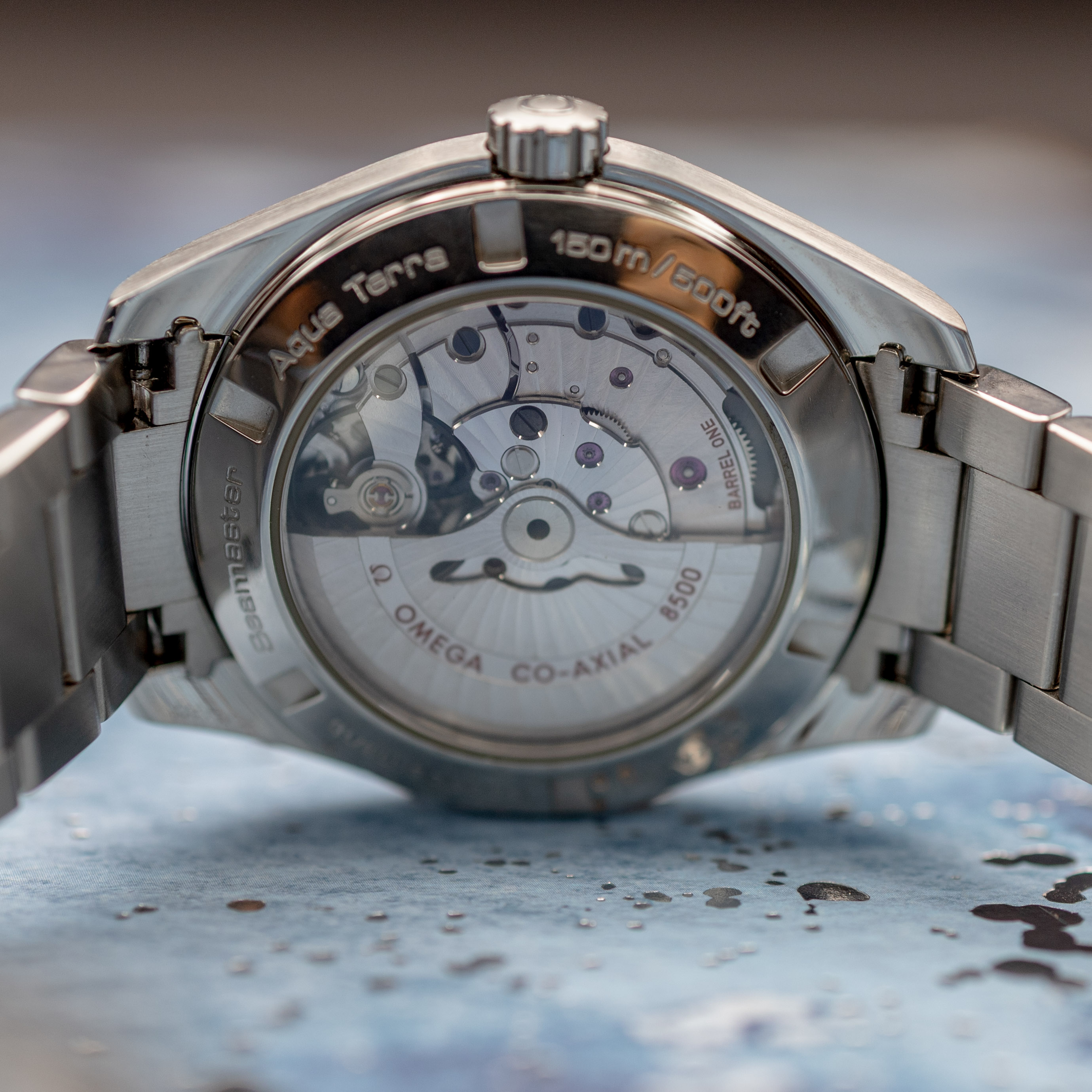 Omega Aqua Terra Captain's Watch caseback showing Co-Axial 8500 movement