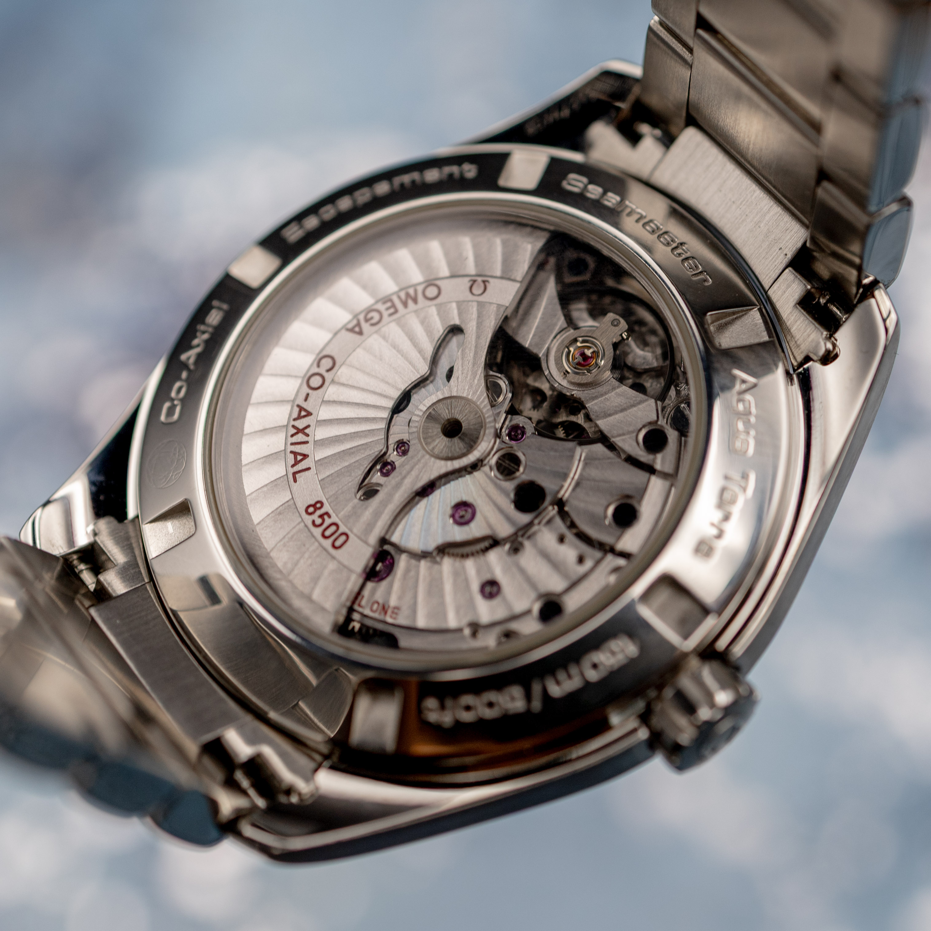 Close-up of Omega calibre 8500 movement through exhibition caseback