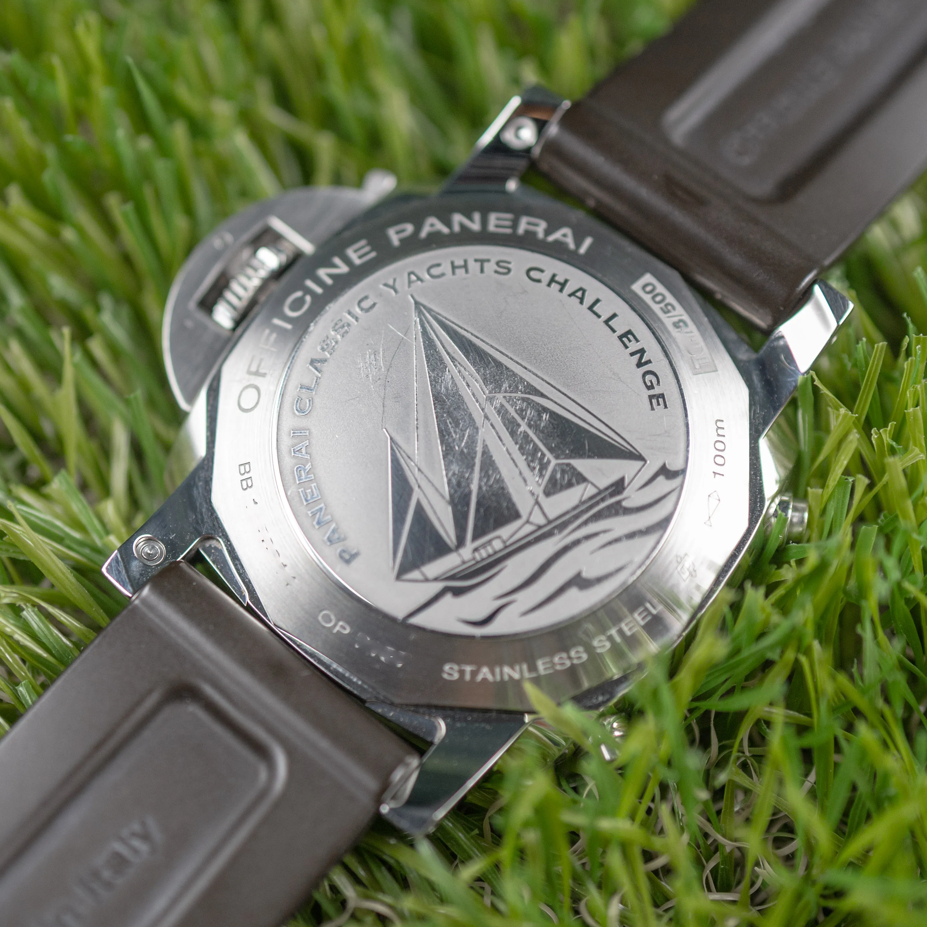 Panerai PAM00654 engraved case back with classic yacht and PCYC text
