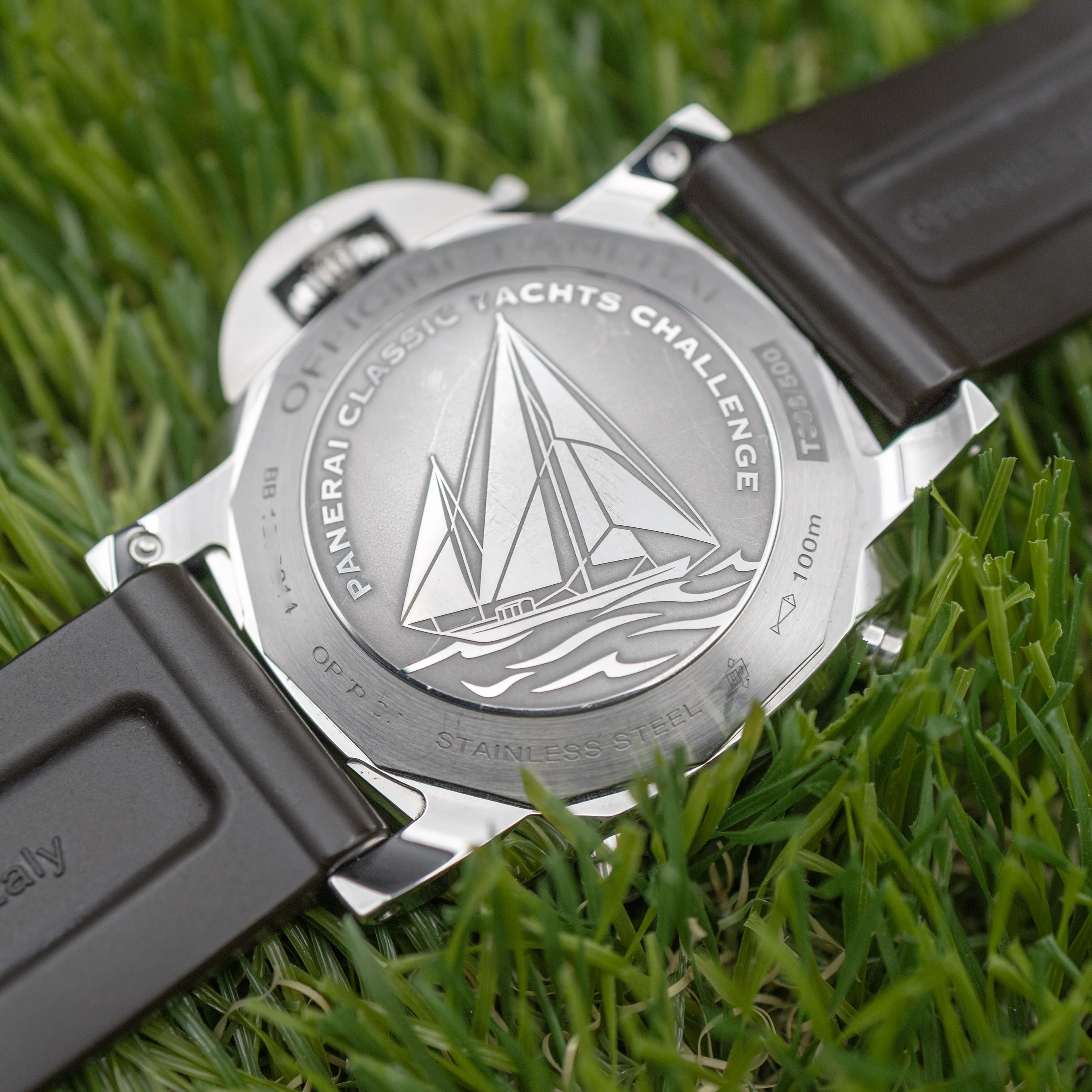 Panerai PAM00654 case back closeup showing yacht engraving detail