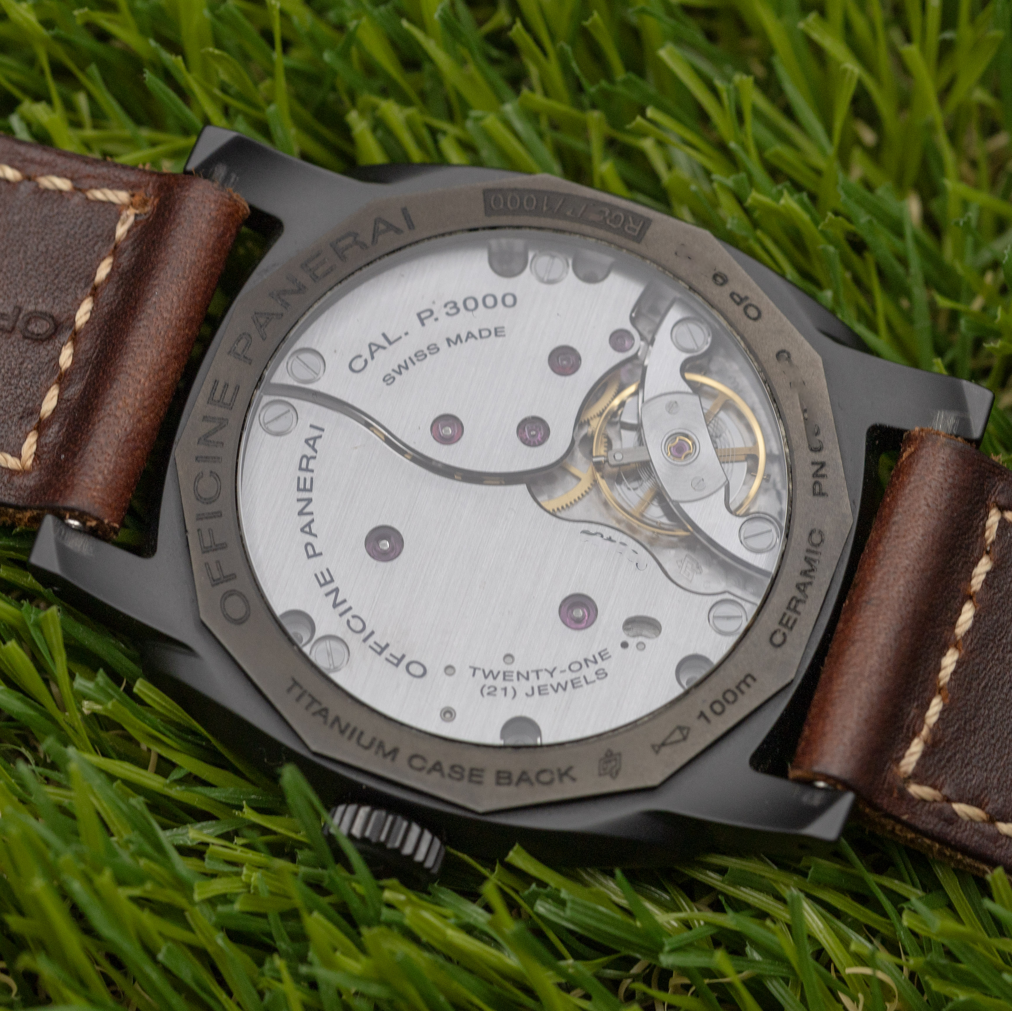 Panerai PAM00577 exhibition caseback showing in-house Caliber P.3000 movement