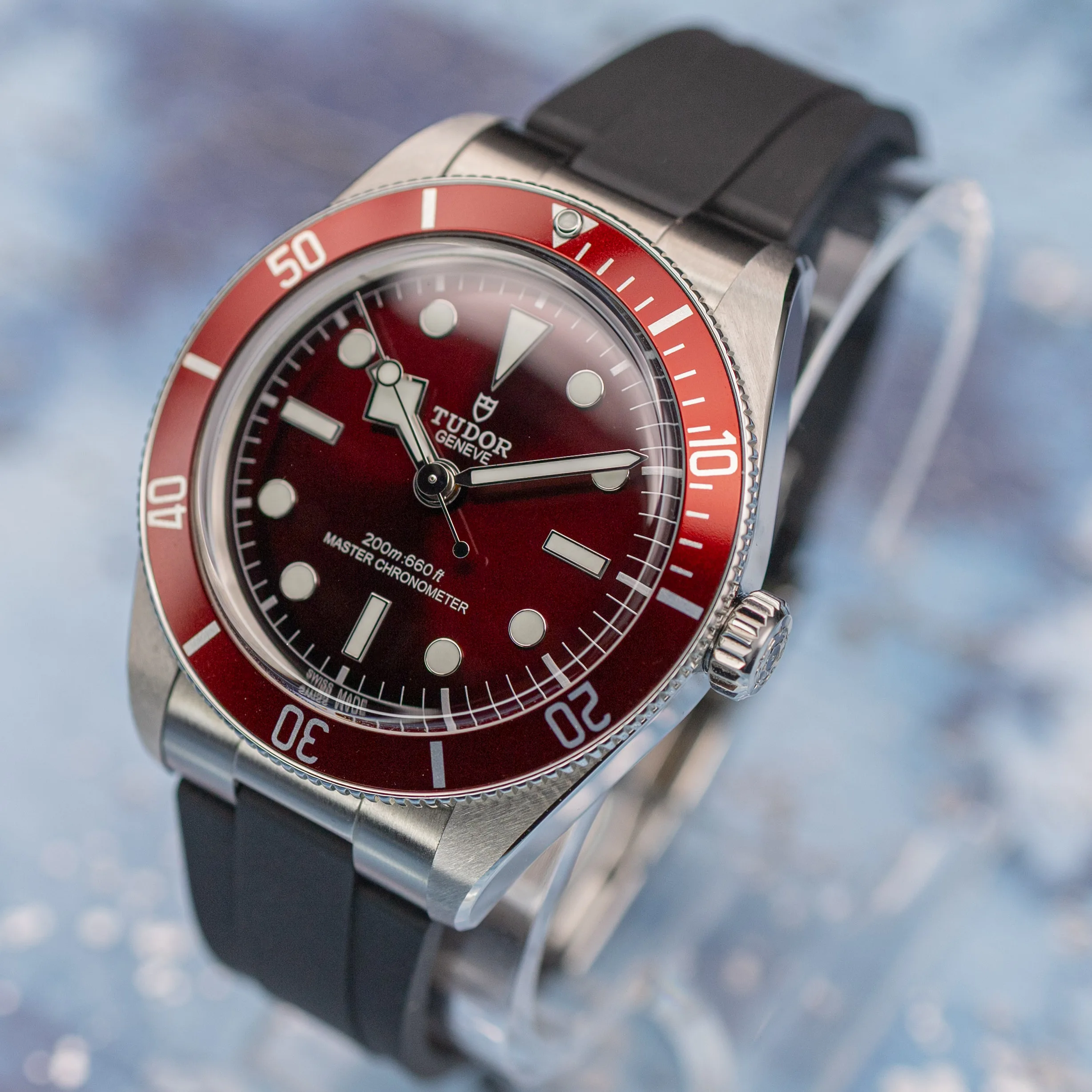 Tudor Black Bay 58 Burgundy dial angle showing applied hour markers