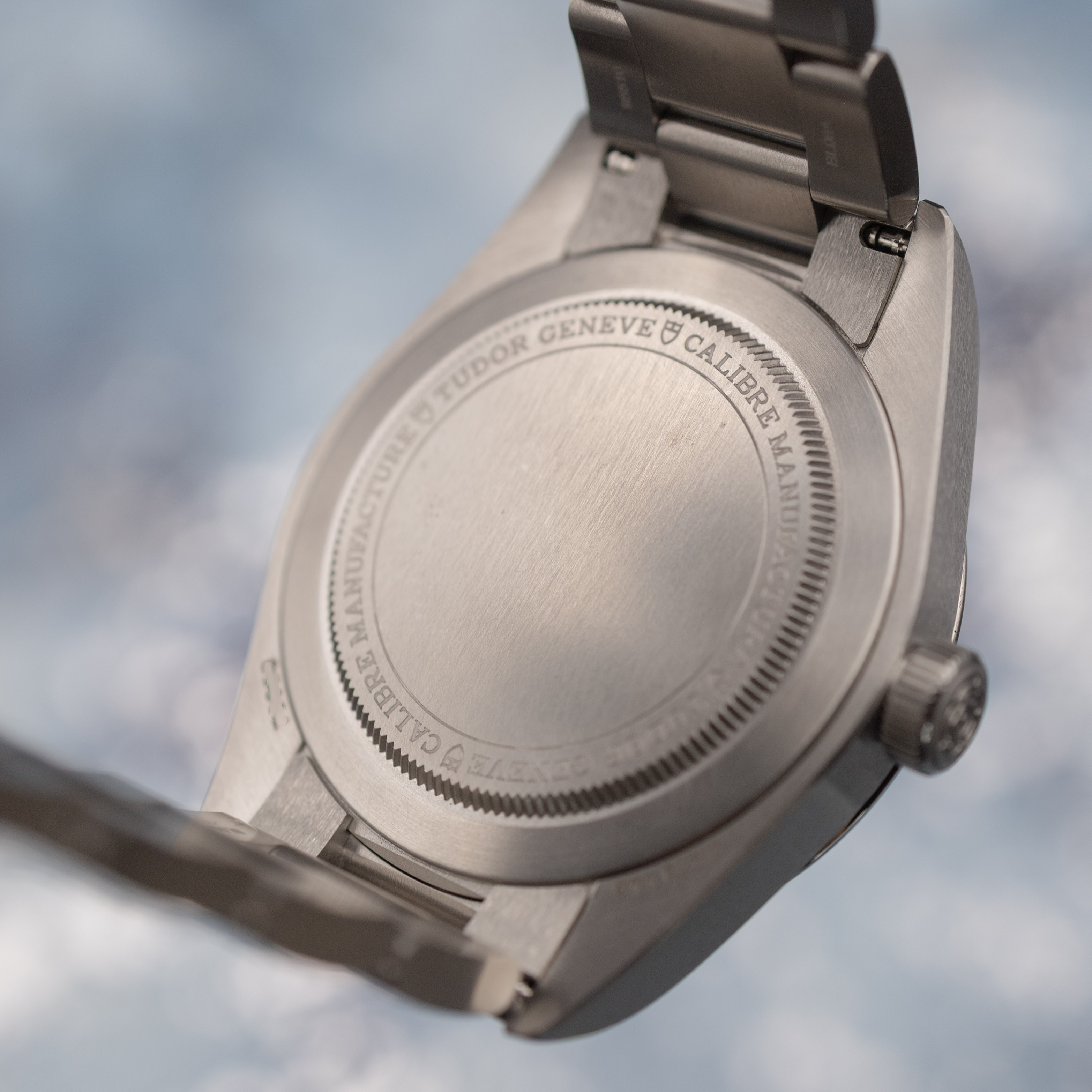 Caseback engraving on the Tudor Ranger 79950 showing Calibre Manufacture text